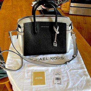 Medium leather satchel, 2 handles, removable shoulder strap, dust bag